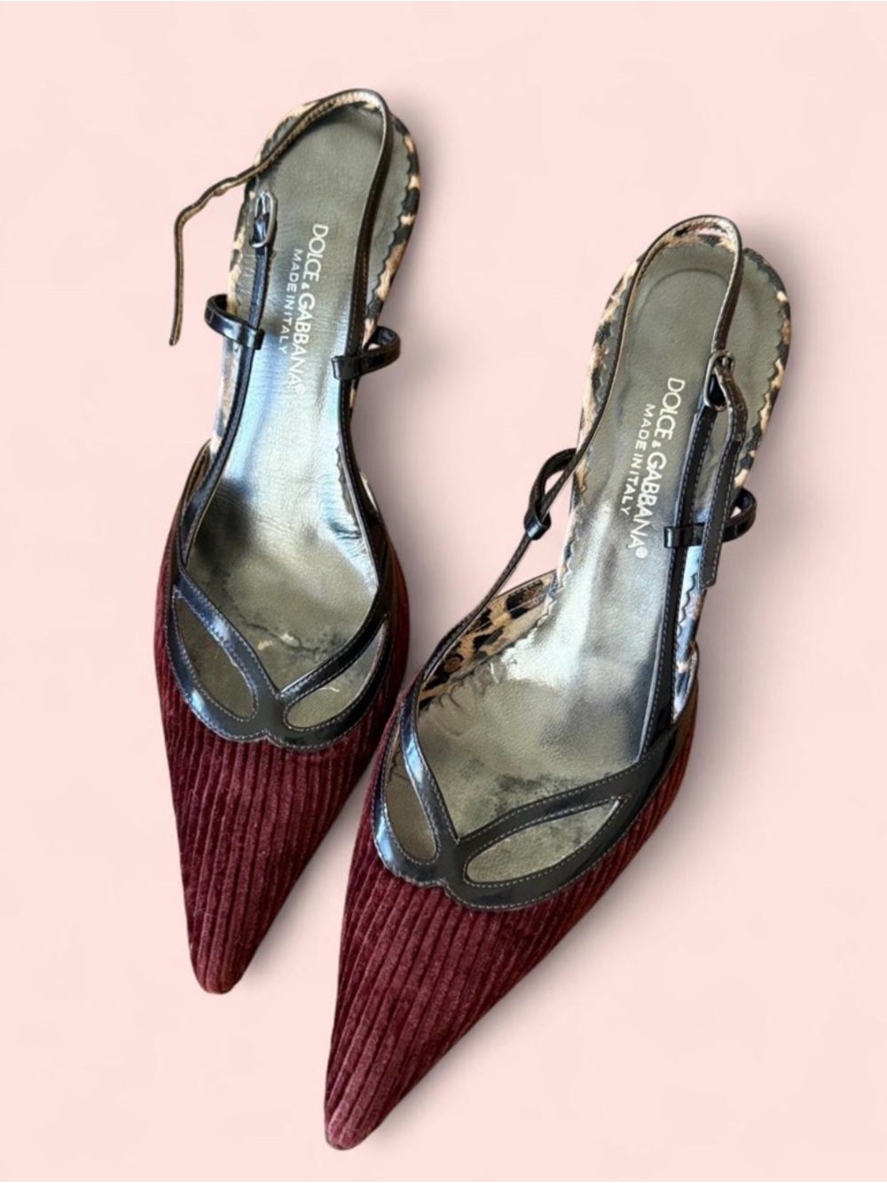 Dolce & Gabbana Burgundy Corduroy and Black Pointed Slingback Heels - Picture 2 of 4